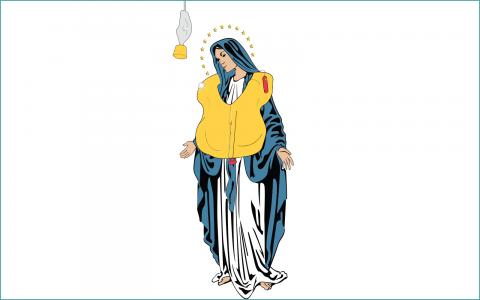 A Holy Show Promotional Illustration: An illustration of the Virgin Mary wearing an inflatable airline safety vest with an oxygen mask dangling before her 