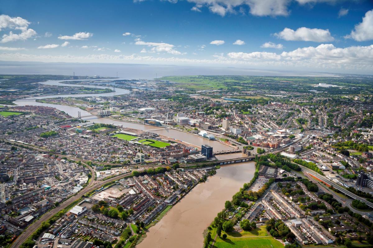 Arial shot of the city of Newport, Wales