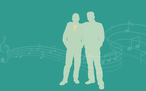 Hymn: An illustration showing the silhouettes of two men, one with his arm around the other's shoulders. Music notes swirl around and between them. 