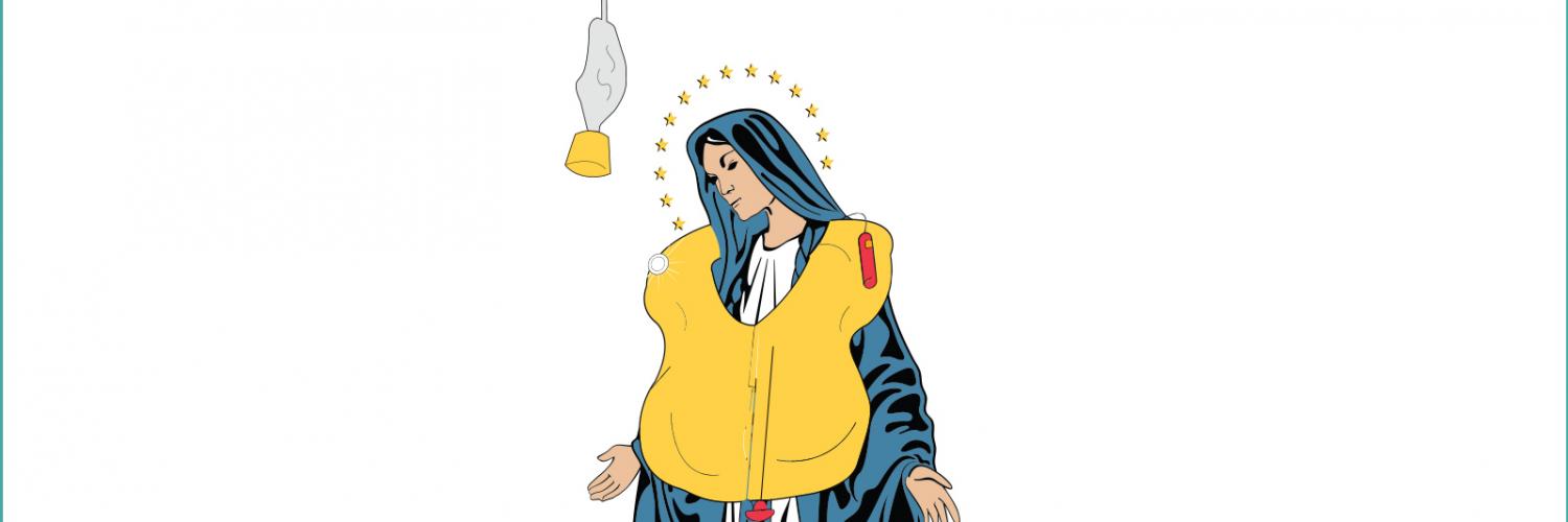 A Holy Show Promotional Illustration: An illustration of the Virgin Mary wearing an inflatable airline safety vest with an oxygen mask dangling before her 