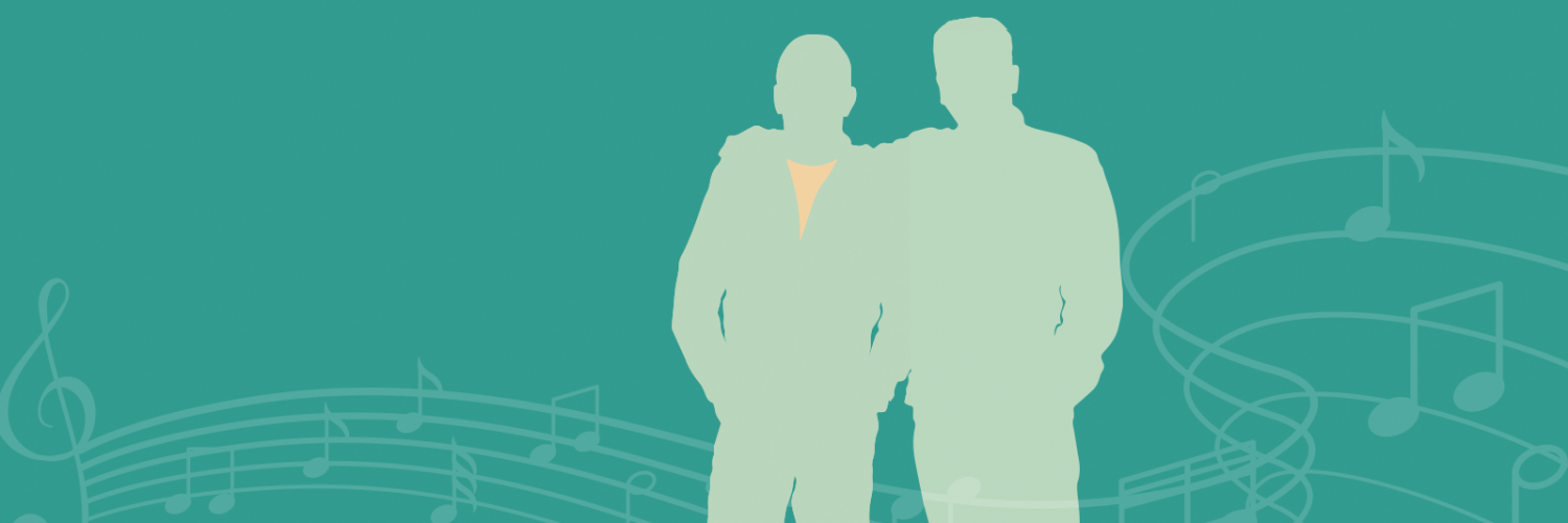 Hymn: An illustration showing the silhouettes of two men, one with his arm around the other's shoulders. Music notes swirl around and between them. 