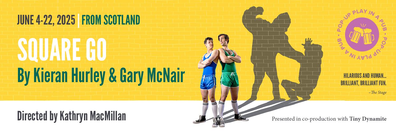 Square Go by Kieran Hurly & Gary McNair; Two boys stand in front of a yellow wall in wresting singlets with their arms crossed. Their shadows are a bully with his fist pulled back to swing at the other.