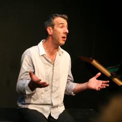 Playwright Mark Doherty speaks during a talkback after a performance of <em>Trad</em> Photo: Katie Reing