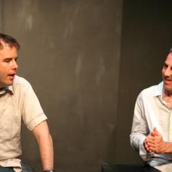 Artistic Director Tom Reing chats with playwright Mark Doherty during a talkback after a performance of <em> Trad</em> Photo: Katie Reing