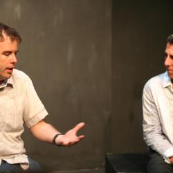 Artistic Director Tom Reing chats with playwright Mark Doherty during a talkback after a performance of <em> Trad</em> Photo: Katie Reing