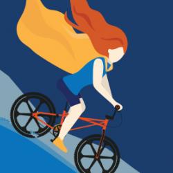 How to Be Brave promotional art: A young woman with red hair and wearing a superhero cape careens down a steep hill on a BMX bike.  