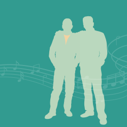A silhouette of two men, one with the arm around the other's shoulder, over a field of green. Musical notation swirls through the background