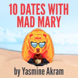 10 Dates with Mad Mary show art, a young woman sits under a giant bear wearing heart shaped glasses on a beach.