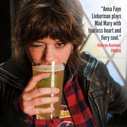 A photo of a young woman sipping a beer, winking, wearing a leather jacket and red buffalo check flannel.