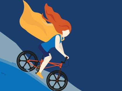 How to Be Brave promotional art: A young woman with red hair and wearing a superhero cape careens down a steep hill on a BMX bike.  
