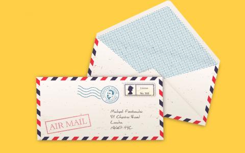 Promotional image for Finding Fassbender - An illustration of an envelope marked "AIR MAIL" addressed to Michael Fassbender 