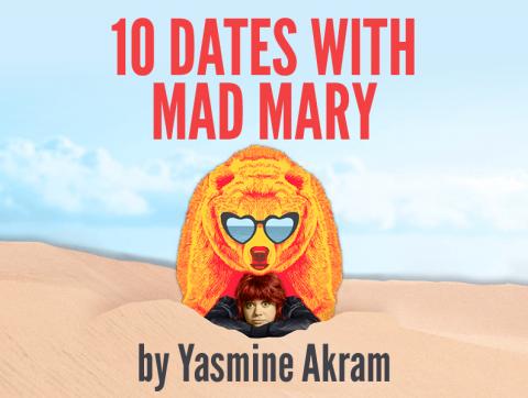 10 Dates with Mad Mary show art, a young woman sits under a giant bear wearing heart shaped glasses on a beach.