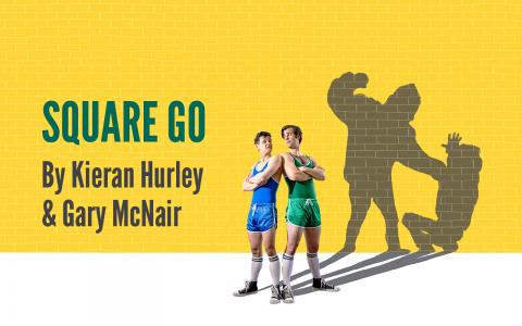Square Go by Kieran Hurly & Gary McNair; Two boys in wrestling singlets stand in front of a yellow wall in wresting singlets with their arms crossed. Their shadows are a bully with his fist pulled back to swing at the other.